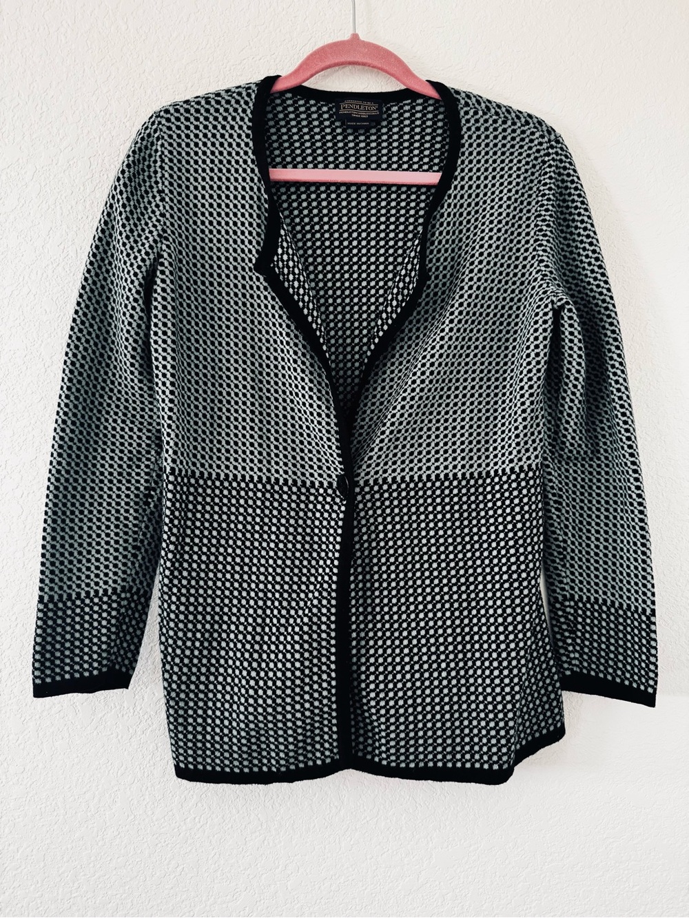 Pendleton Cotton Geometric Pattern Cardigan Mint Green Black